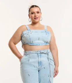 Top Cropped em Jeans com Aplicações Curve & Plus Size