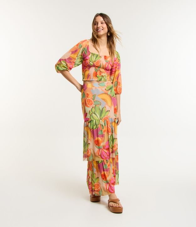 Saia Midi em Tule com Camadas e Estampa de Frutas