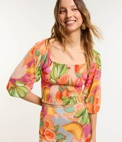 Blusa Cropped em Tule com Lastex e Estampa de Frutas