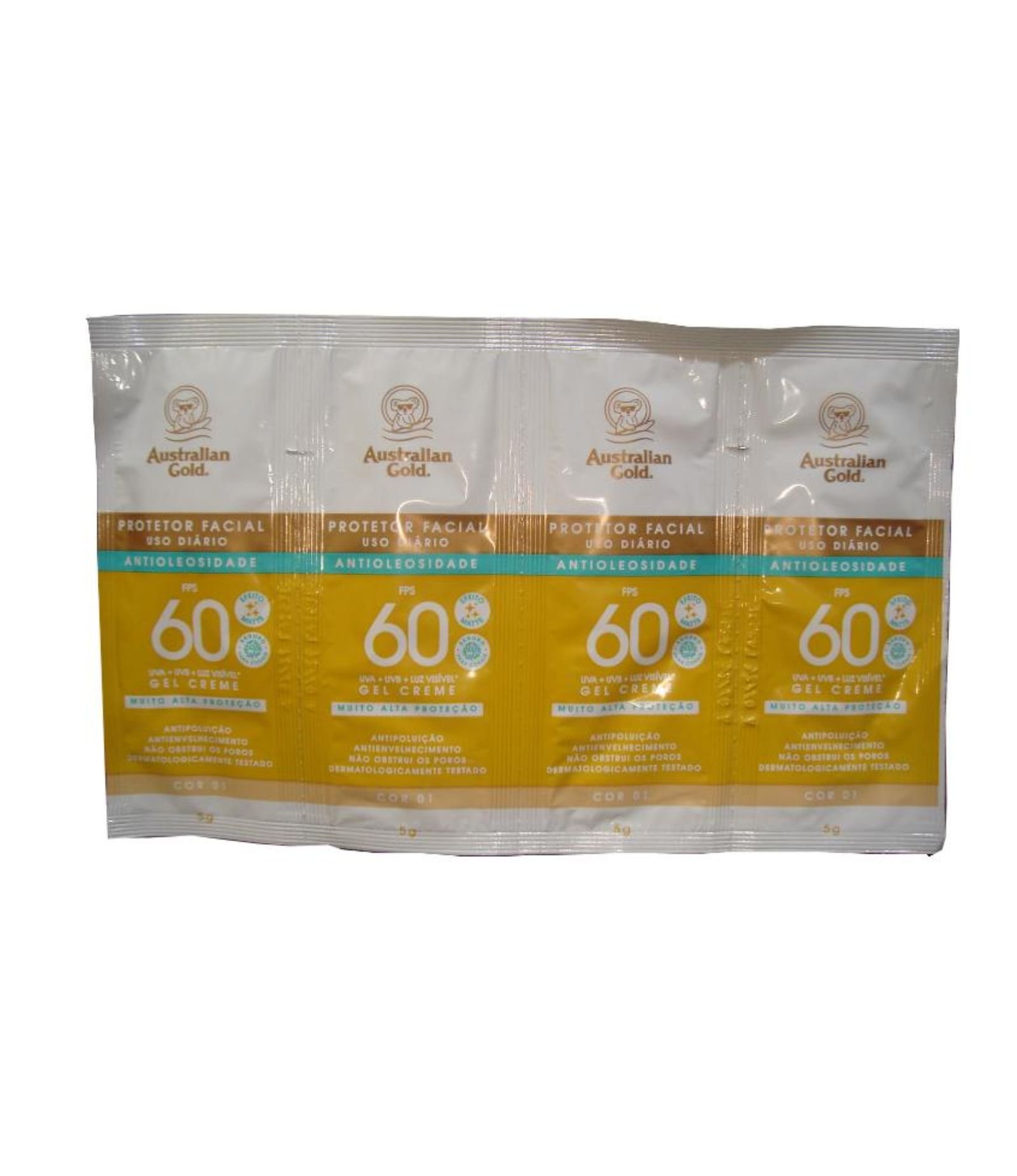 Brinde Conjunto Sachê Protetor Solar Facial Cor 1 Fps60 4 x 5g Australian Gold U 1