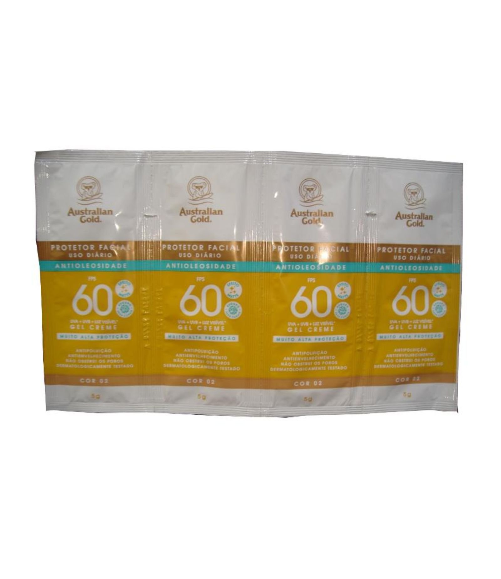 Brinde Conjunto Sachê Protetor Solar Facial Cor 2 Fps60 4 x 5g Australian Gold U 1