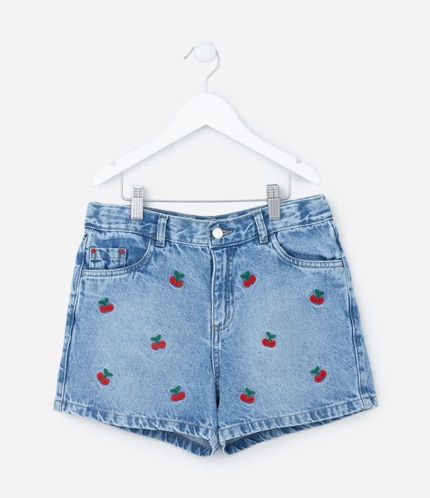 Short Infantil em Jeans com Bordado de Cerejinhas - Tam 5 a 14 Anos