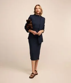 Vestido Midi Sem Manga em Ribana com Gola Alta