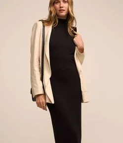 Vestido Midi Sem Manga em Ribana com Gola Alta