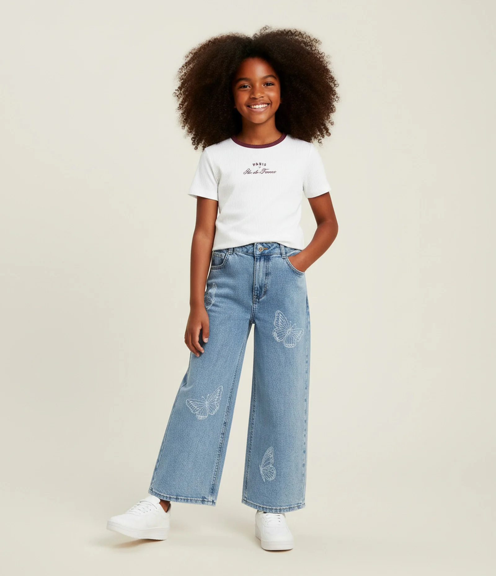 Calça Wide Leg Infantil Jeans com Estampa de Borboletas - Tam 4 a 14 Anos Azul 1