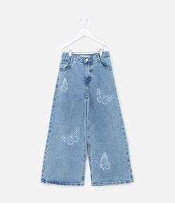Calça Wide Leg Infantil Jeans com Estampa de Borboletas - Tam 4 a 14 Anos