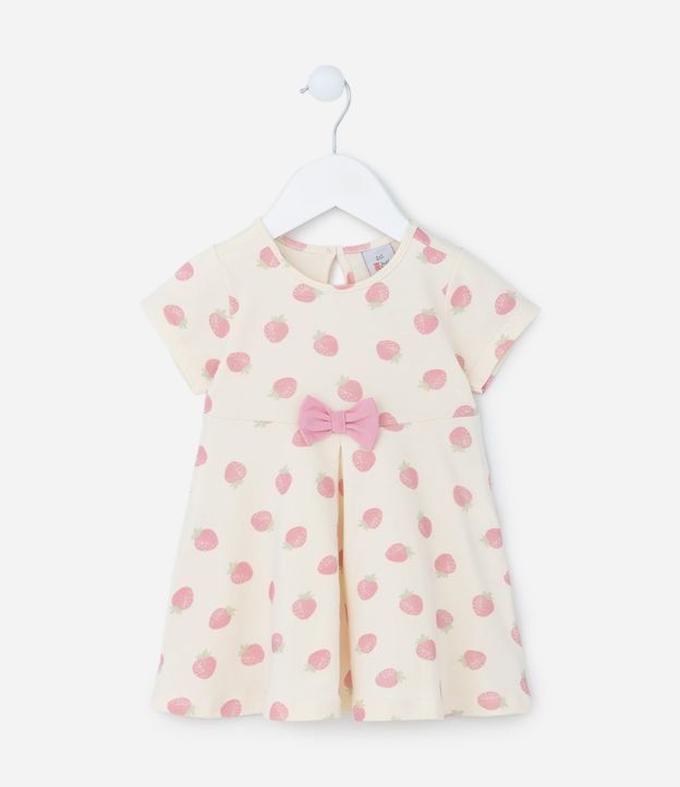 Vestido Infantil em Algodão com Estampa Morangos e Laço - Tam 0 a 18 meses