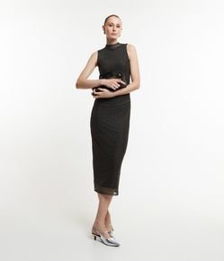 Vestido sem Manga Midi em Tule com Estampa Abstrata