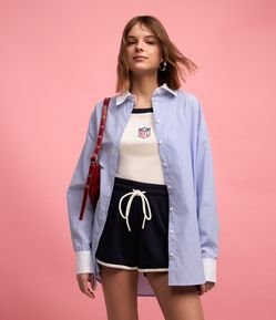 Camisa em Tricoline com Listras e Gola e Punhos Contrastantes