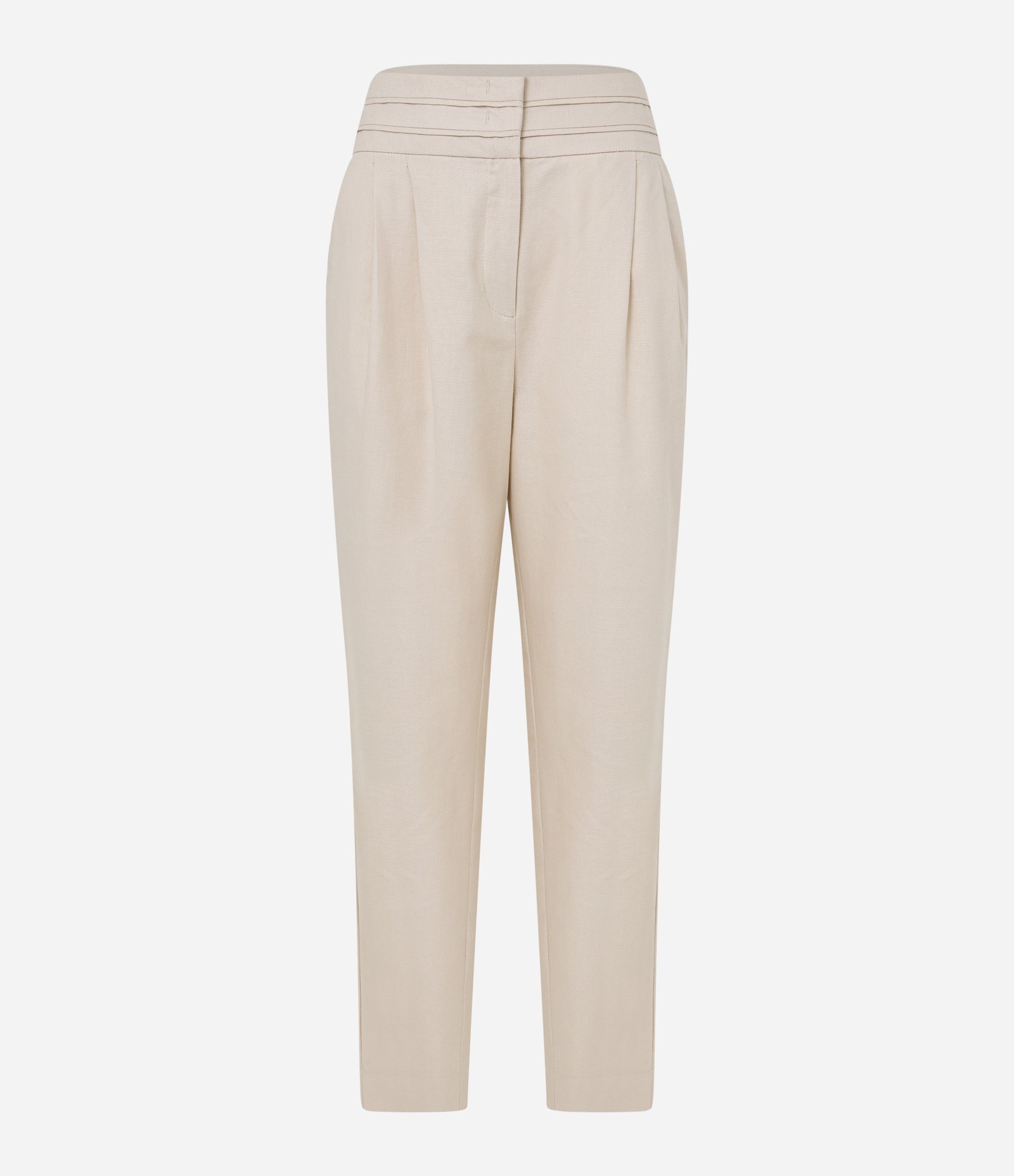 Calça Cenoura em Sarja com Recortes no Cós e Pregas Bege 5