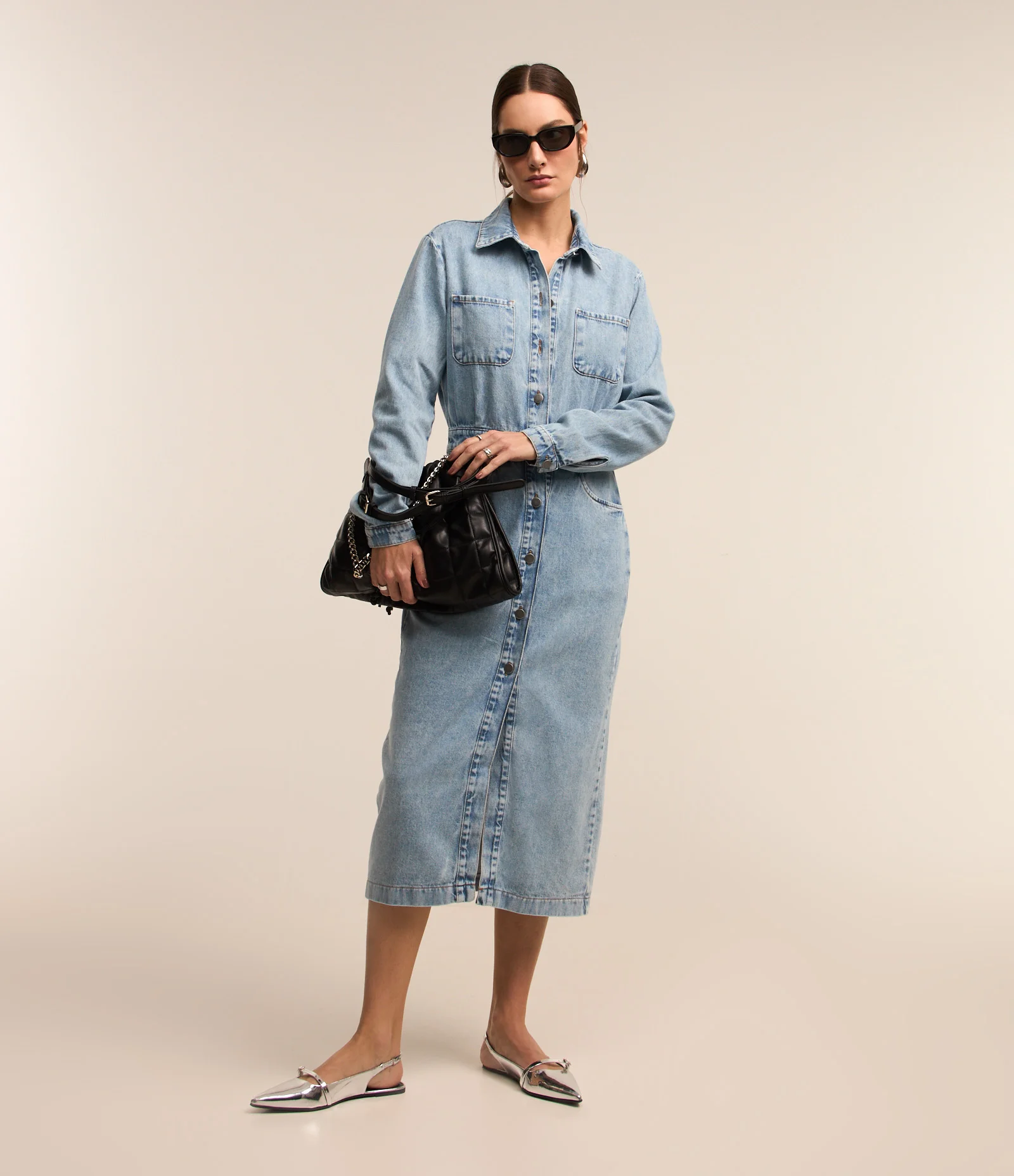 Vestido Reto Midi Jeans com Abotoamento Total Frontal Azul 1