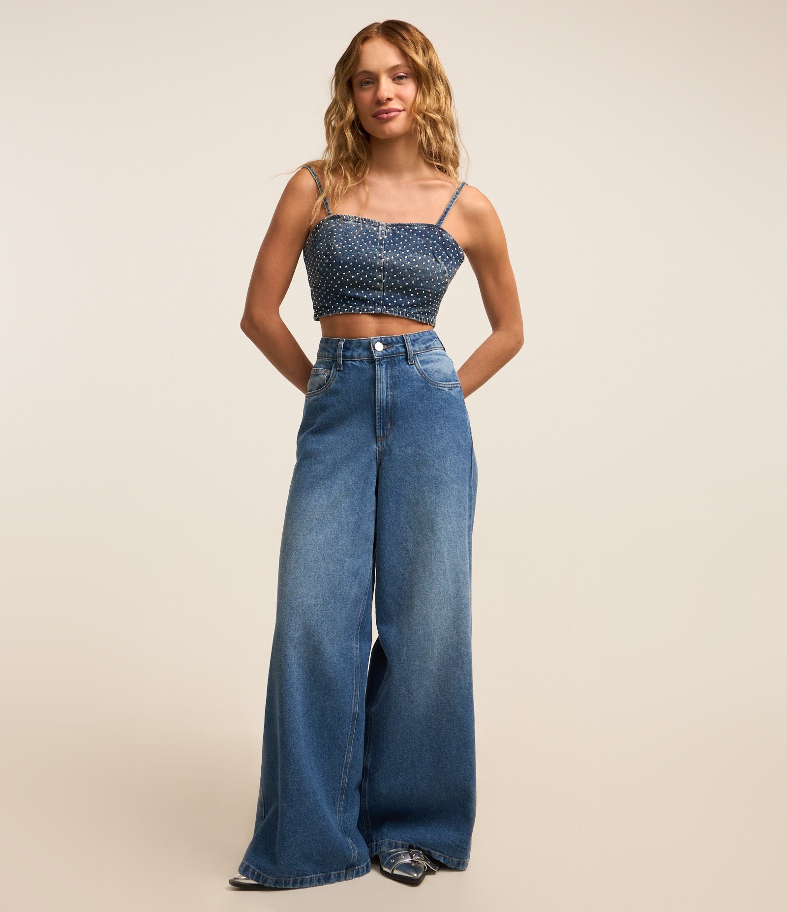 Top de Alça em Jeans com Bolinhas Brilhantes de Strass Azul 2