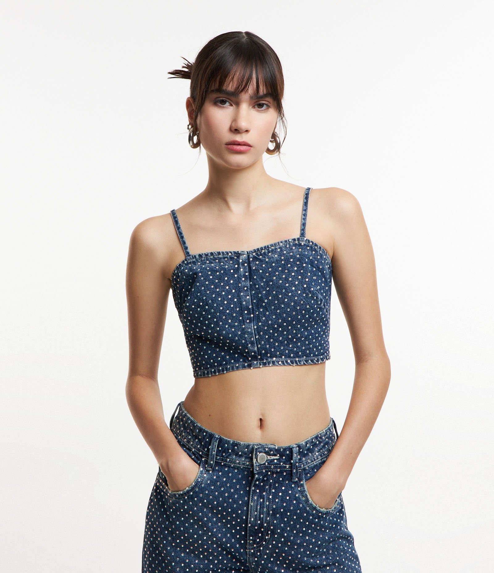 Top de Alça em Jeans com Bolinhas Brilhantes de Strass Azul 5