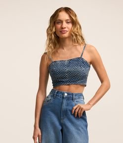 Top de Alça em Jeans com Bolinhas Brilhantes de Strass