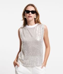 Blusa sem Manga em Paetê com Gola Ribana e Ombros Largos