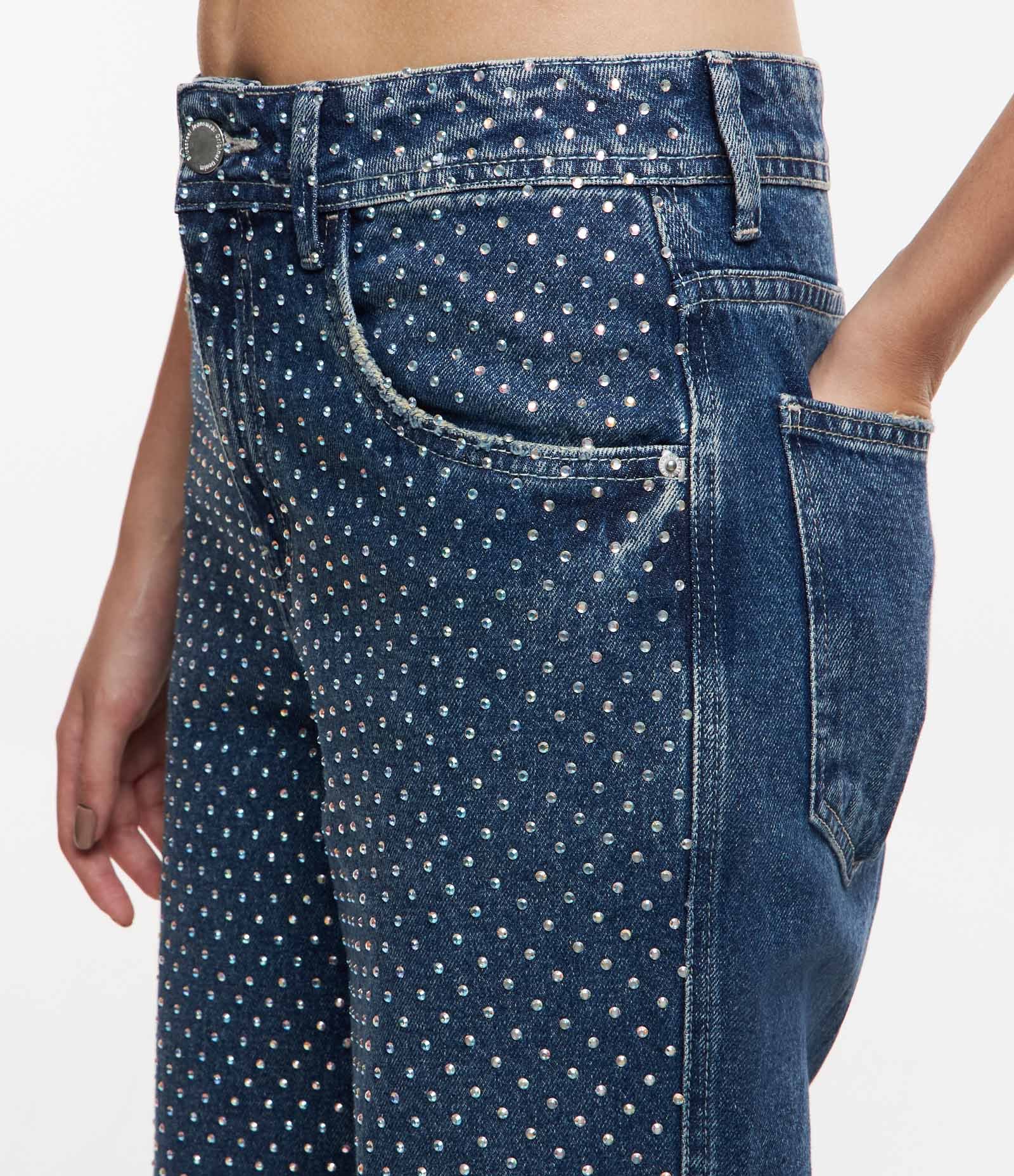 Calça Reta em Jeans com Pedrinhas de Strass Azul 4