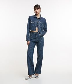 Calça Reta em Jeans com Pedrinhas de Strass
