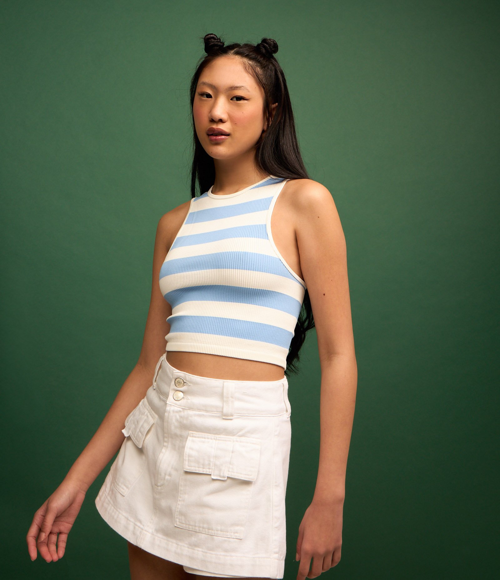 Blusa sem Manga Seamless com Listras Branco/Azul 1