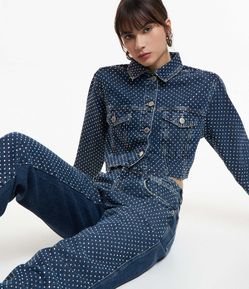 Jaqueta em Jeans com Lapelas e Pedras de Strass Brilhantes