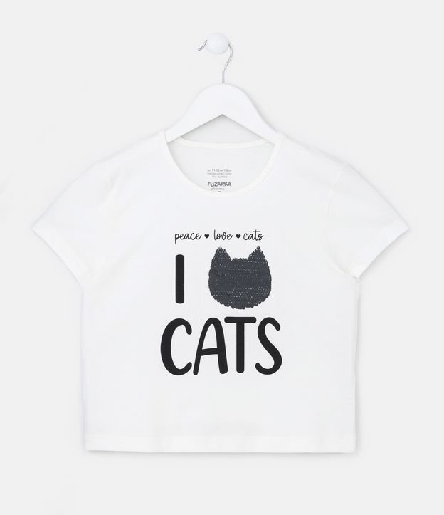 Blusa Cropped Infantil com Bordado Gatinho de Paetê - Tam 5 a 14 Anos