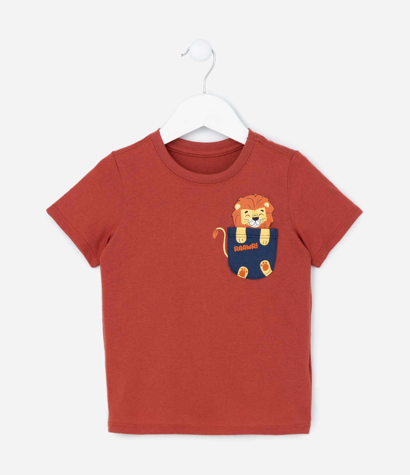 Camiseta Infantil com Estampa de Leão no Bolsinho Frontal - Tam 1 a 5 anos Terracota 1