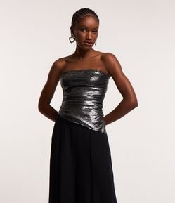 Blusa Tomara que Caia em Tule com Foil e Barra Assimétrica