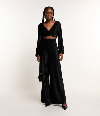 Calça Pantalona em Veludo Plissado com Cós Elástico Calça Pantalona em Veludo Plissado com Cós Elástico