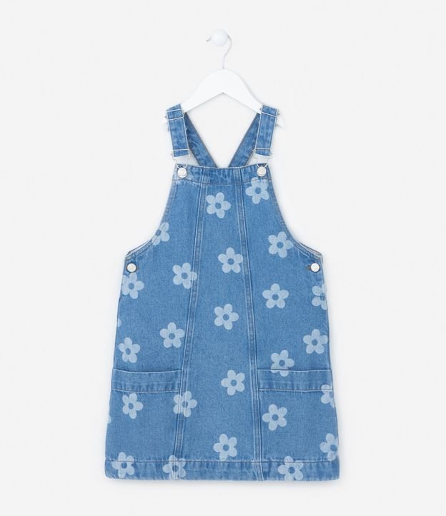Jardineira Infantil em Jeans com Estampa Florzinhas - Tam 5 a 14 Anos