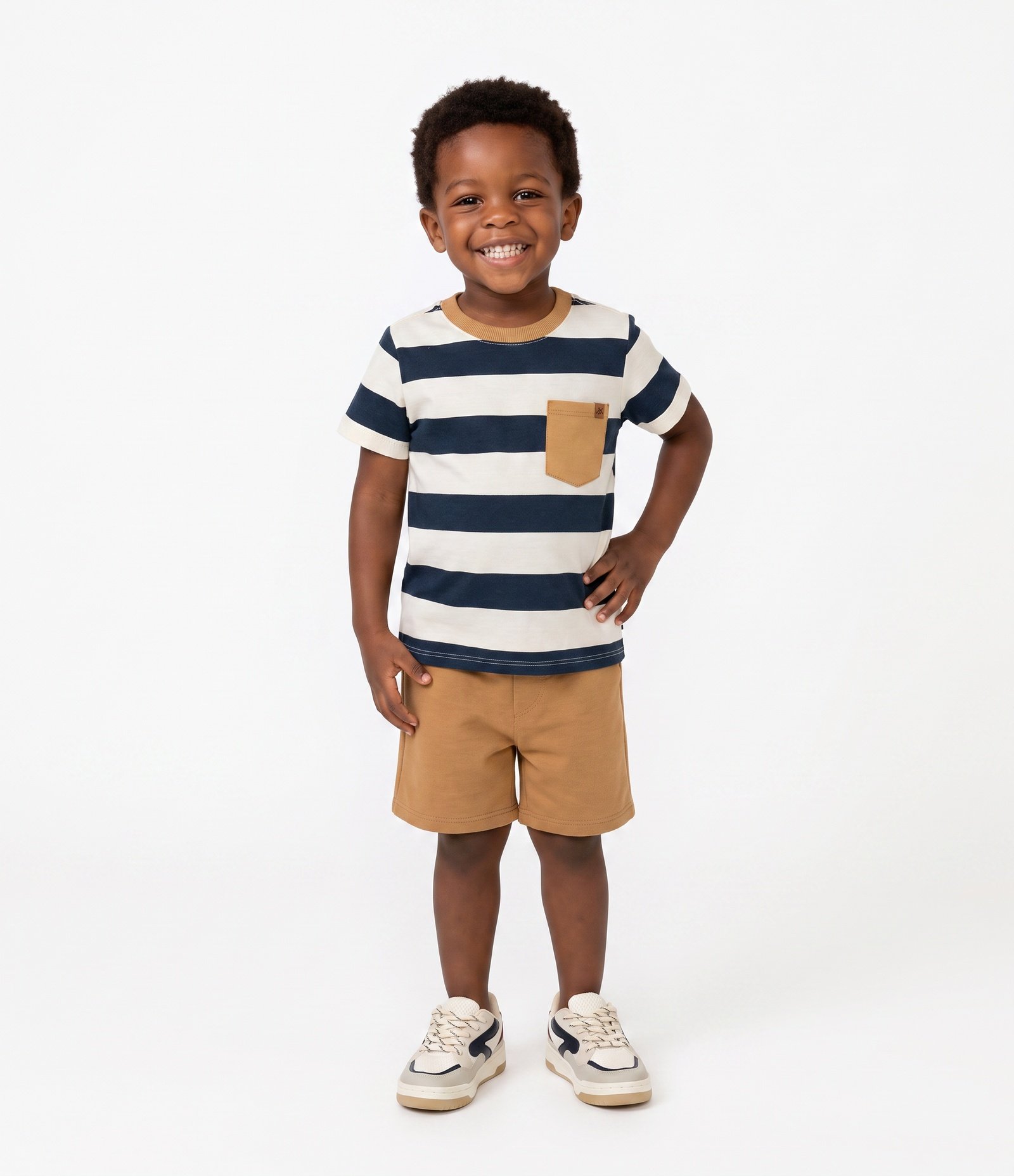 Conjunto Infantil Curto com Listras e Bolsinho - Tam 1 a 5 anos Marinho/Marrom 1