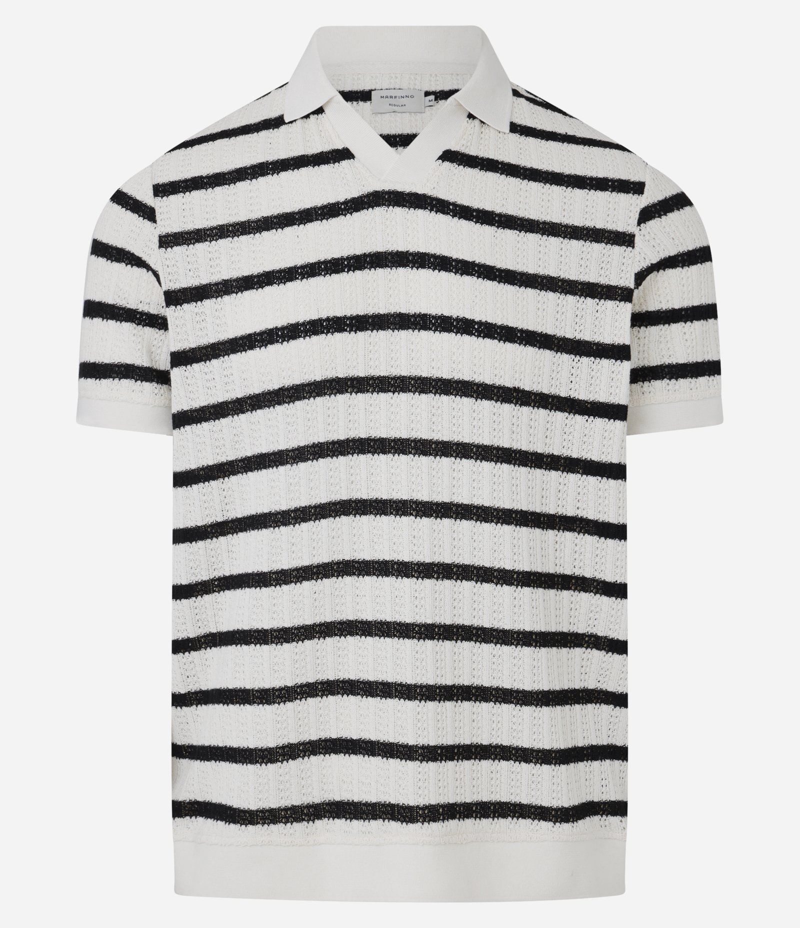 Camiseta Polo Regular em Algodão Listrada com Textura Efeito Crochê Off White/ Preto 3