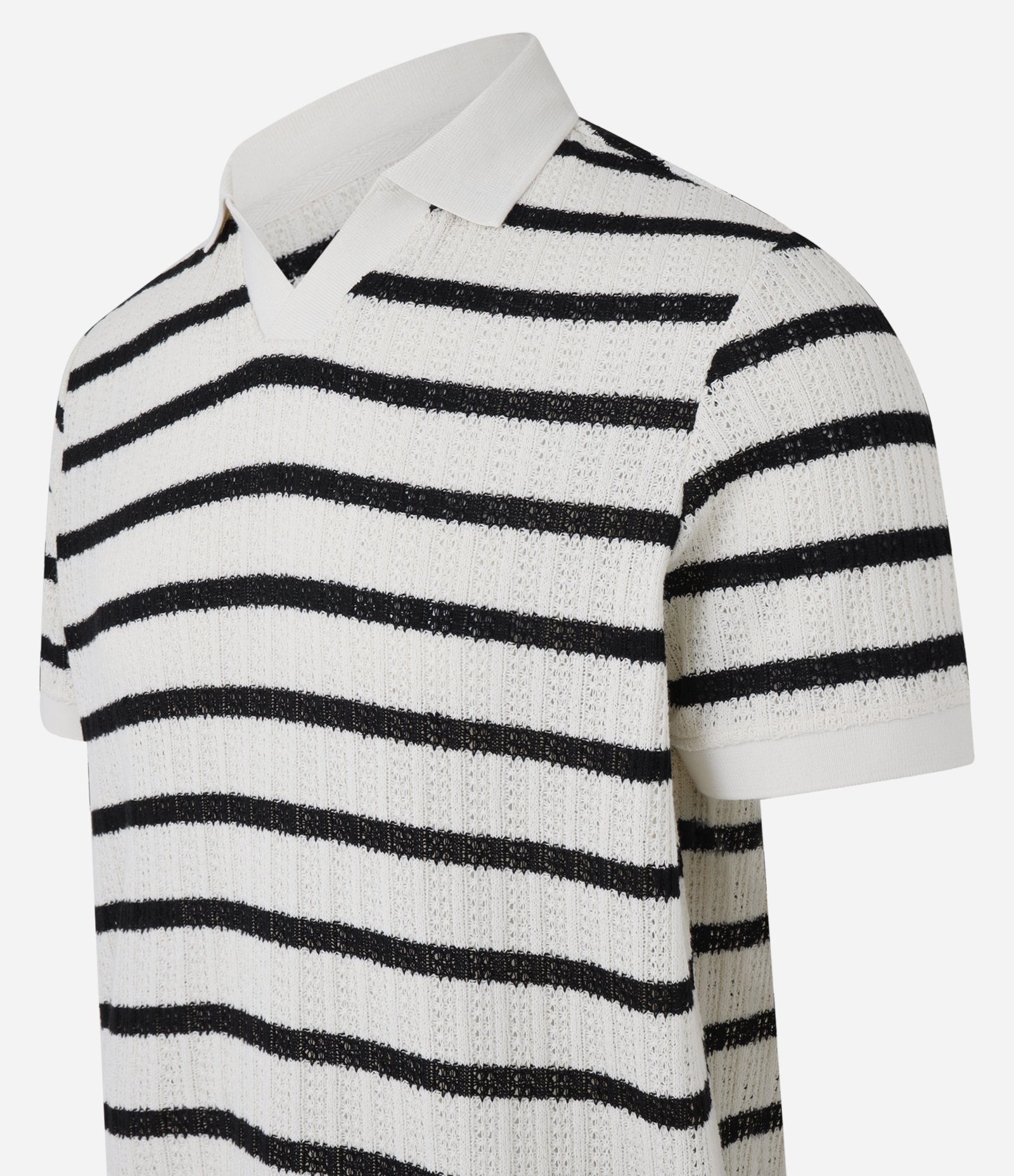 Camiseta Polo Regular em Algodão Listrada com Textura Efeito Crochê Off White/ Preto 4