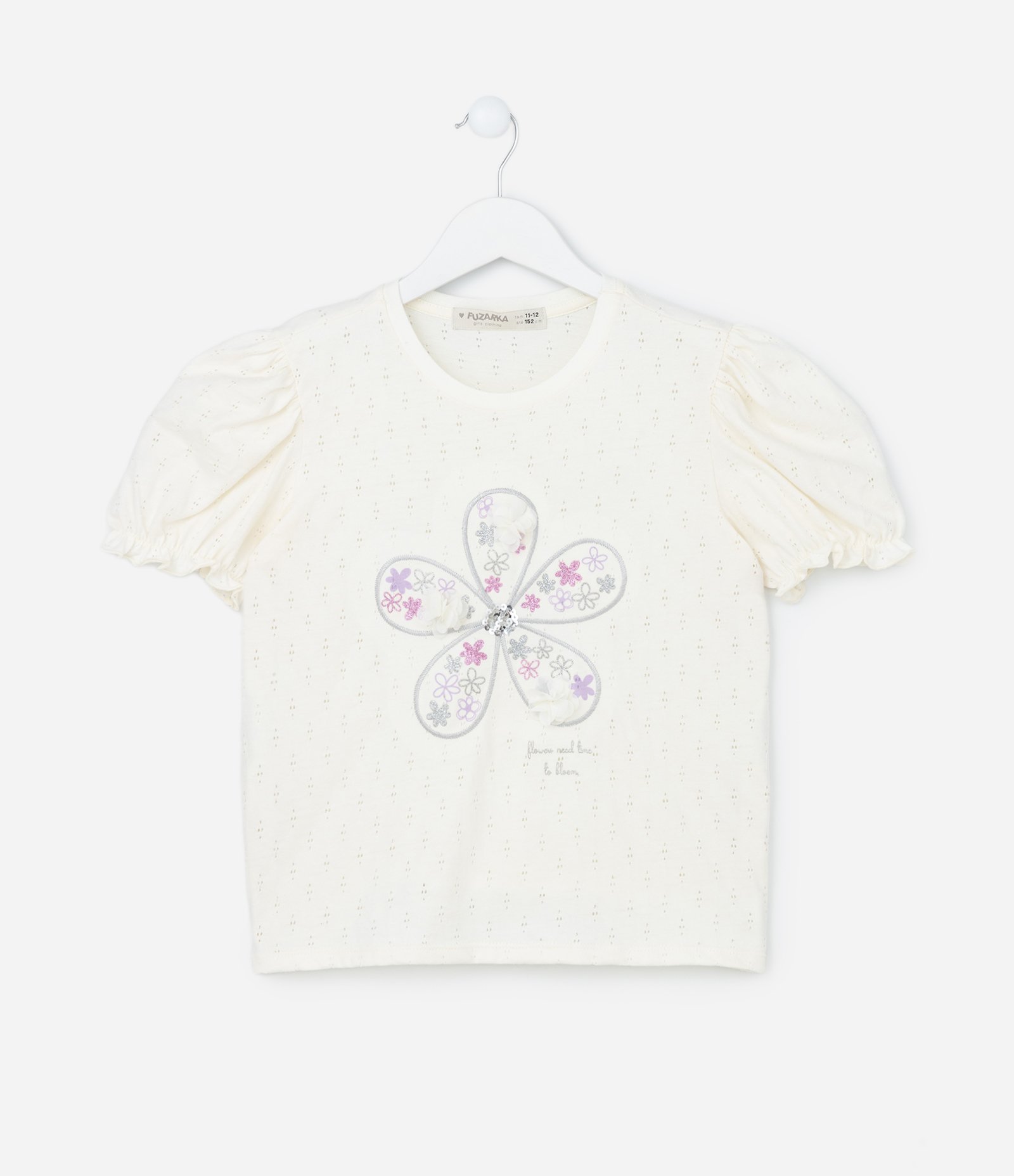 Blusa Infantil Texturizada com Bordado de Flor - Tam 5 a 14 Anos Off White 1