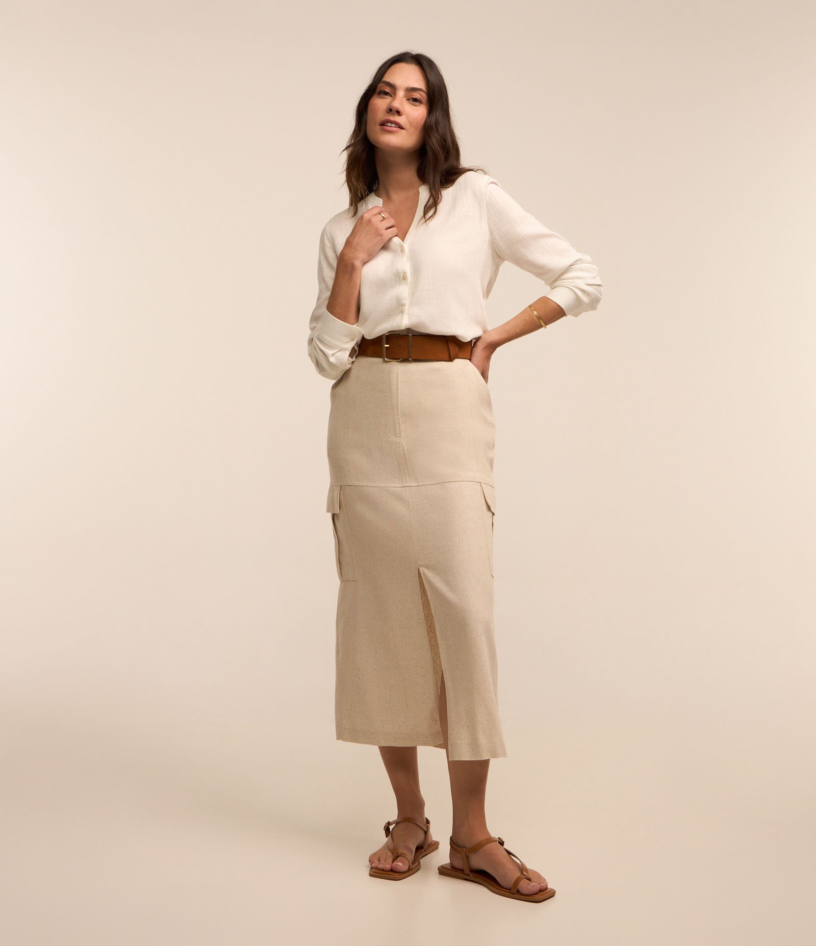 Saia New Midi em Viscose e Linho com Bolsos Laterais e Fenda Off White 1