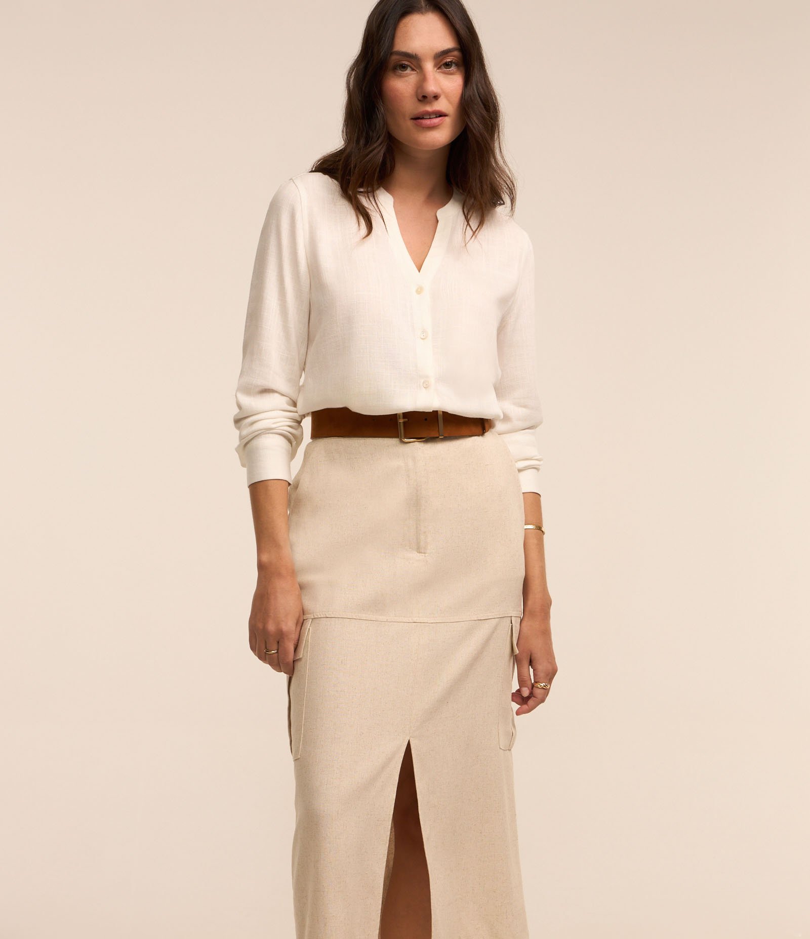 Saia New Midi em Viscose e Linho com Bolsos Laterais e Fenda Off White 2