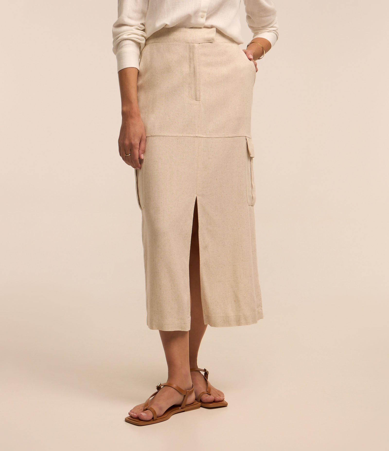 Saia New Midi em Viscose e Linho com Bolsos Laterais e Fenda Off White 3