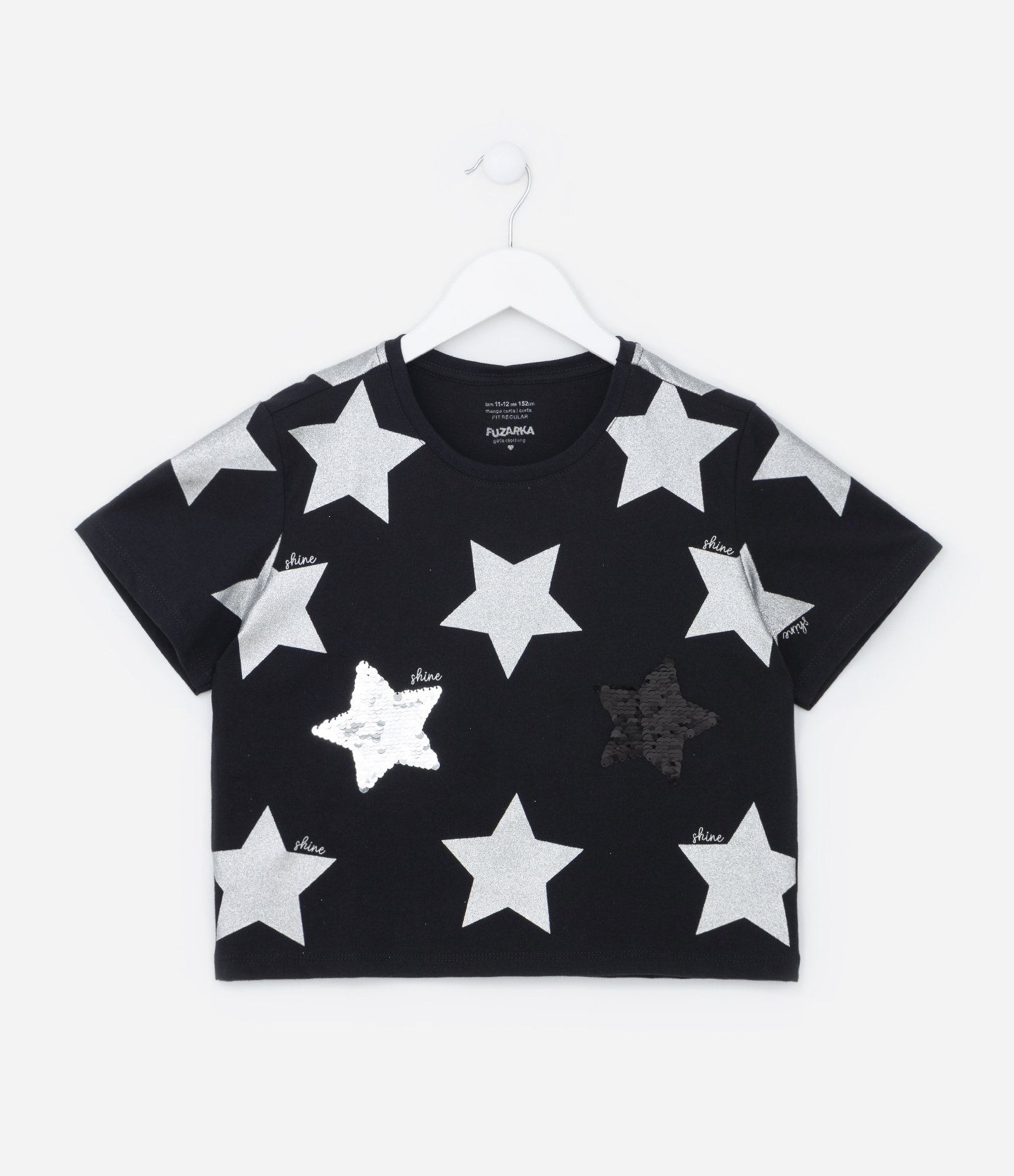 Blusa Cropped Infantil com Bordado de Estrelas em Paetê - Tam 5 A 14 Preto 1