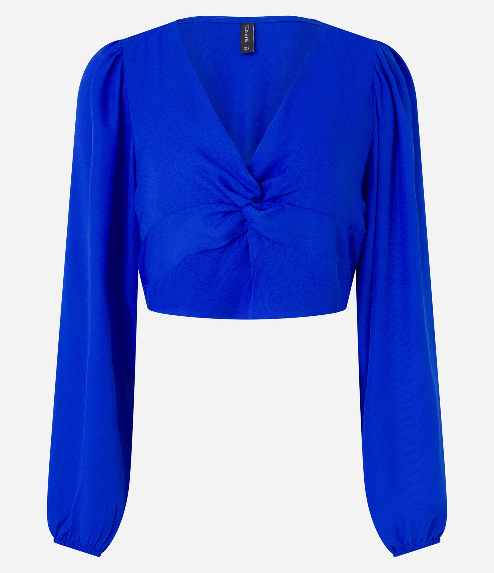 Blusa Cropped em Chiffon com Decote Torcido e Mangas Bufantes Azul 5