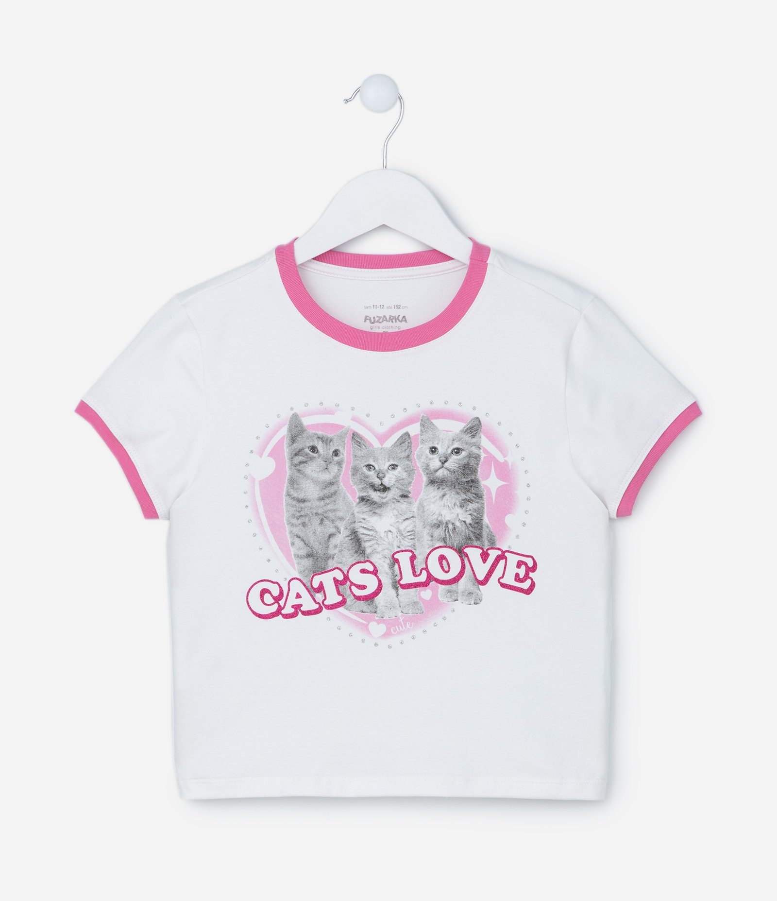 Blusa Cropped Infantil em Algodão com Estampa de Gatinhos - Tam 5 a 14 Anos Branco Neve 1