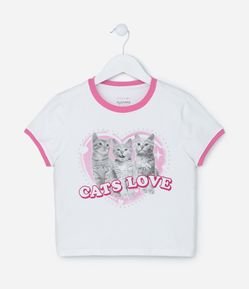 Blusa Cropped Infantil em Algodão com Estampa de Gatinhos - Tam 5 a 14 Anos