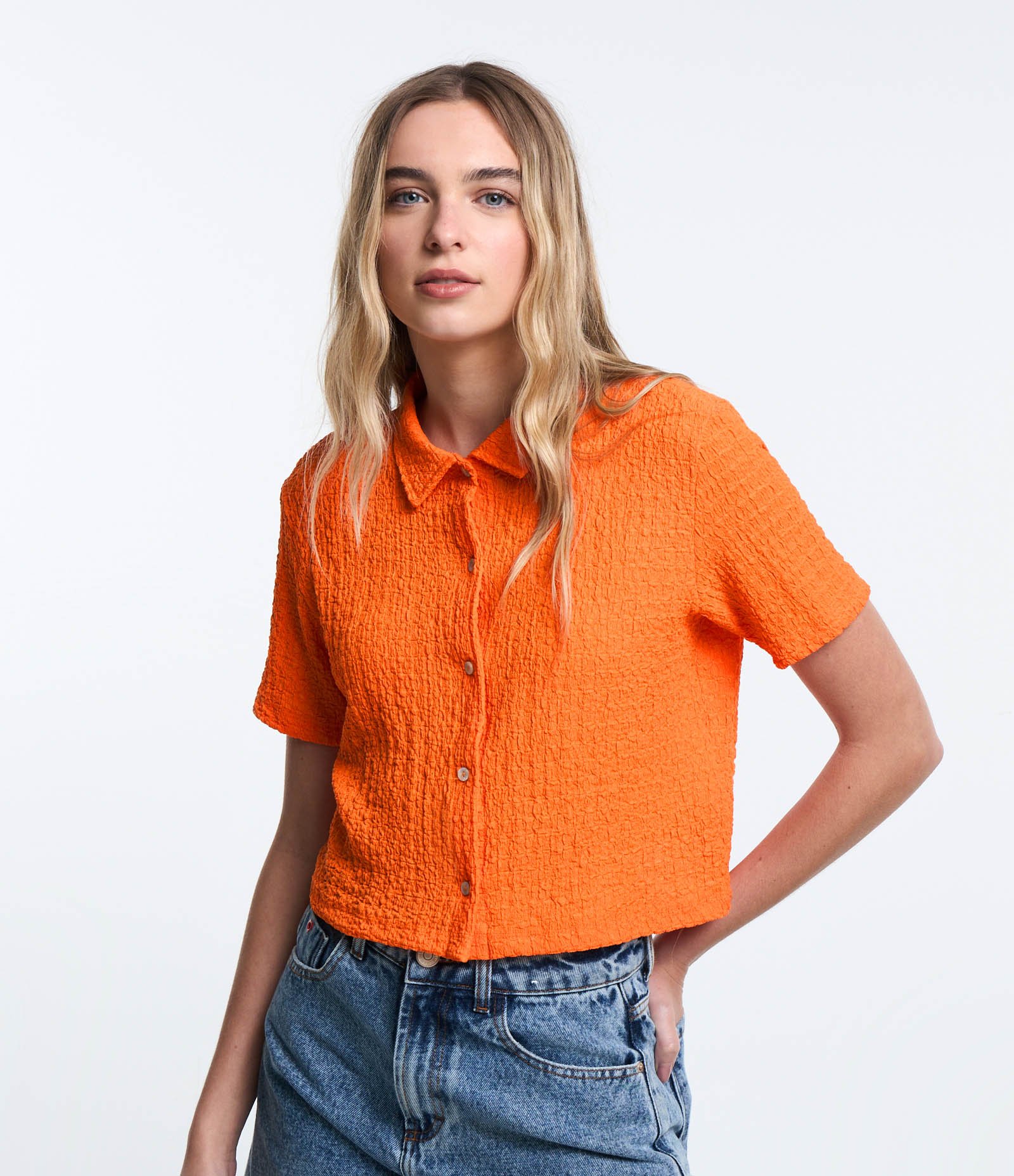 Camisa Texturizada com Gola Polo Laranja 1