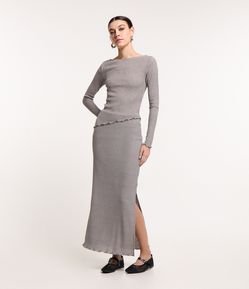 Saia Midi em Ribana Canelada com Fio Metalizado e Fenda