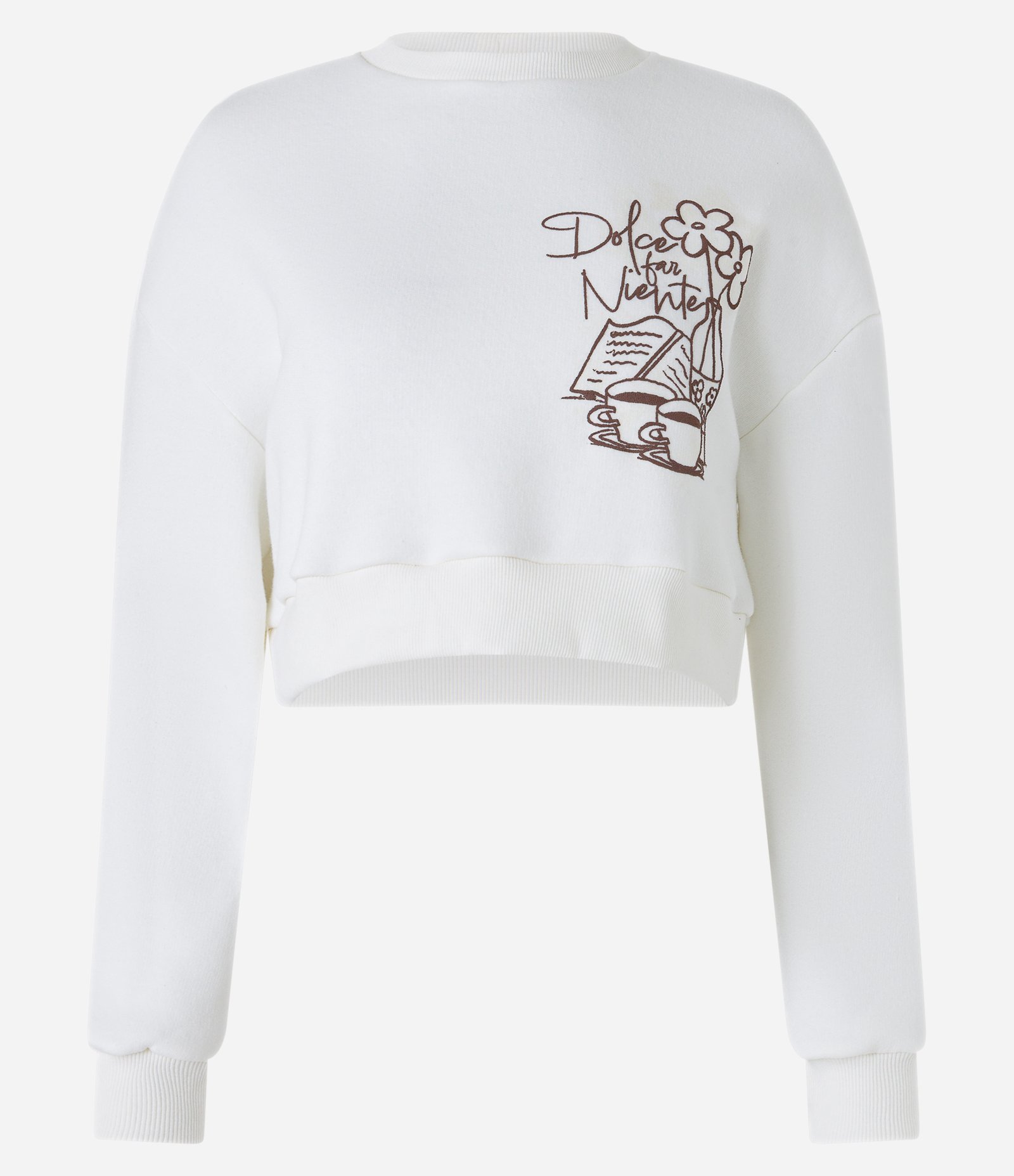 Blusão Curto em Moletom Forro Fleece com Estampa Café e Flores Branco 5