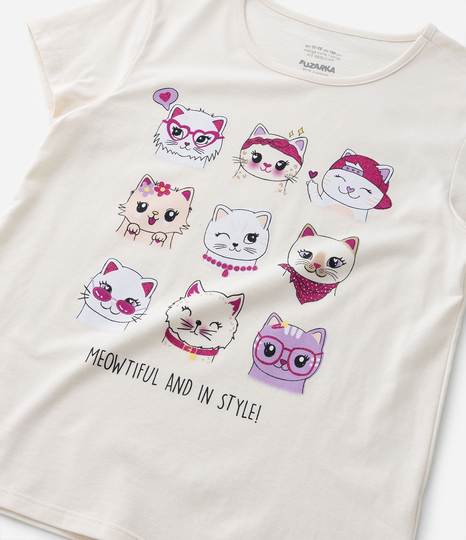 Blusa Infantil com Estampa Carinhas de Gatinhos - Tam 5 a 14 Anos Off White 5