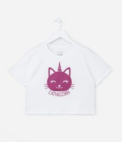 Camiseta Cropped Infantil com Estampa de Gato Unicórnio - Tam 5 A 14 Anos