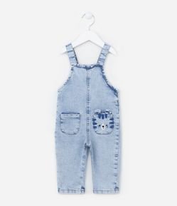 Jardineira Infantil em Jeans com Bolsinhos Frontais e Bordado Ursinho - Tam 3 a 18 meses