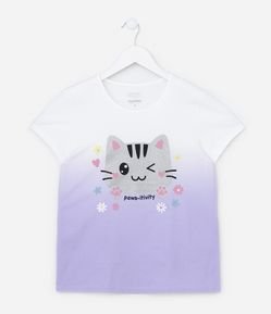 Camiseta Infantil Dip Dye com Carinha de Gatinho - Tam 5 a 14 Anos