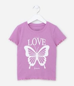 Blusa Baby Look Infantil Canelada Estampa Borboleta Love - Tam 5 a 14 anos