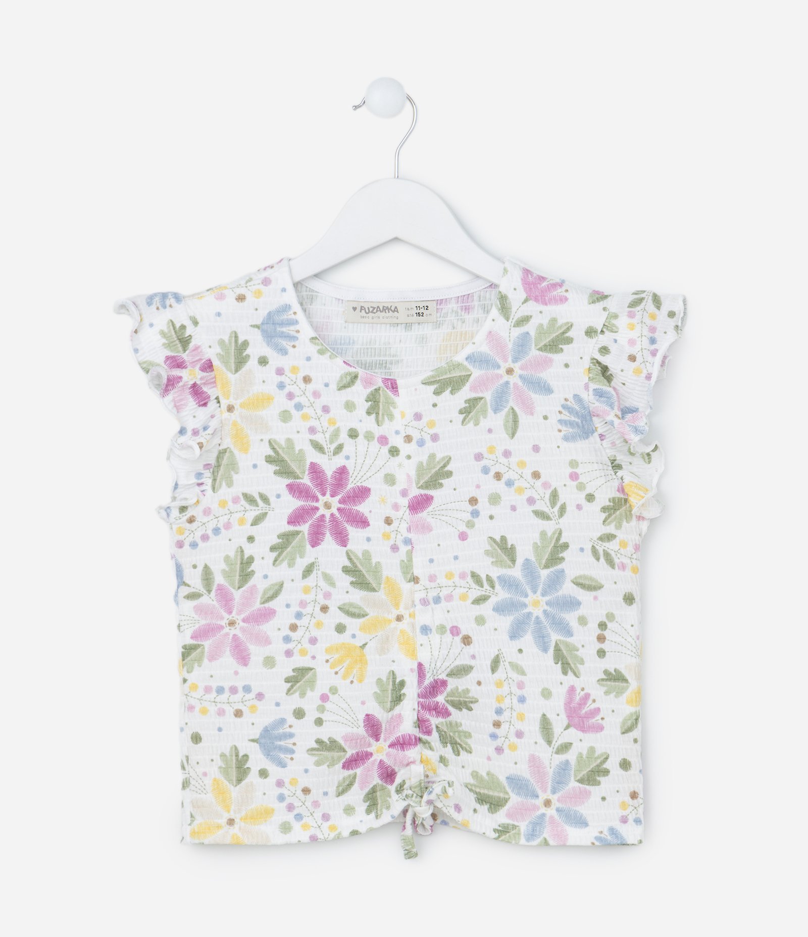 Blusa Infantil Texturizada com Amarração Frontal e Estampa Floral - Tam 5 a 14 anos Branco 1