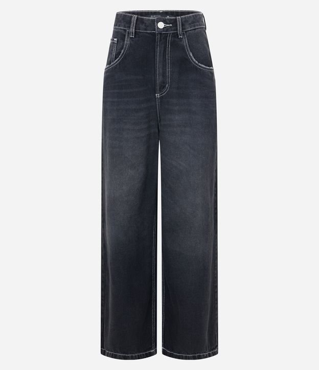 Calça Ampla Cintura Alta em Jeans com Costura Aparente
