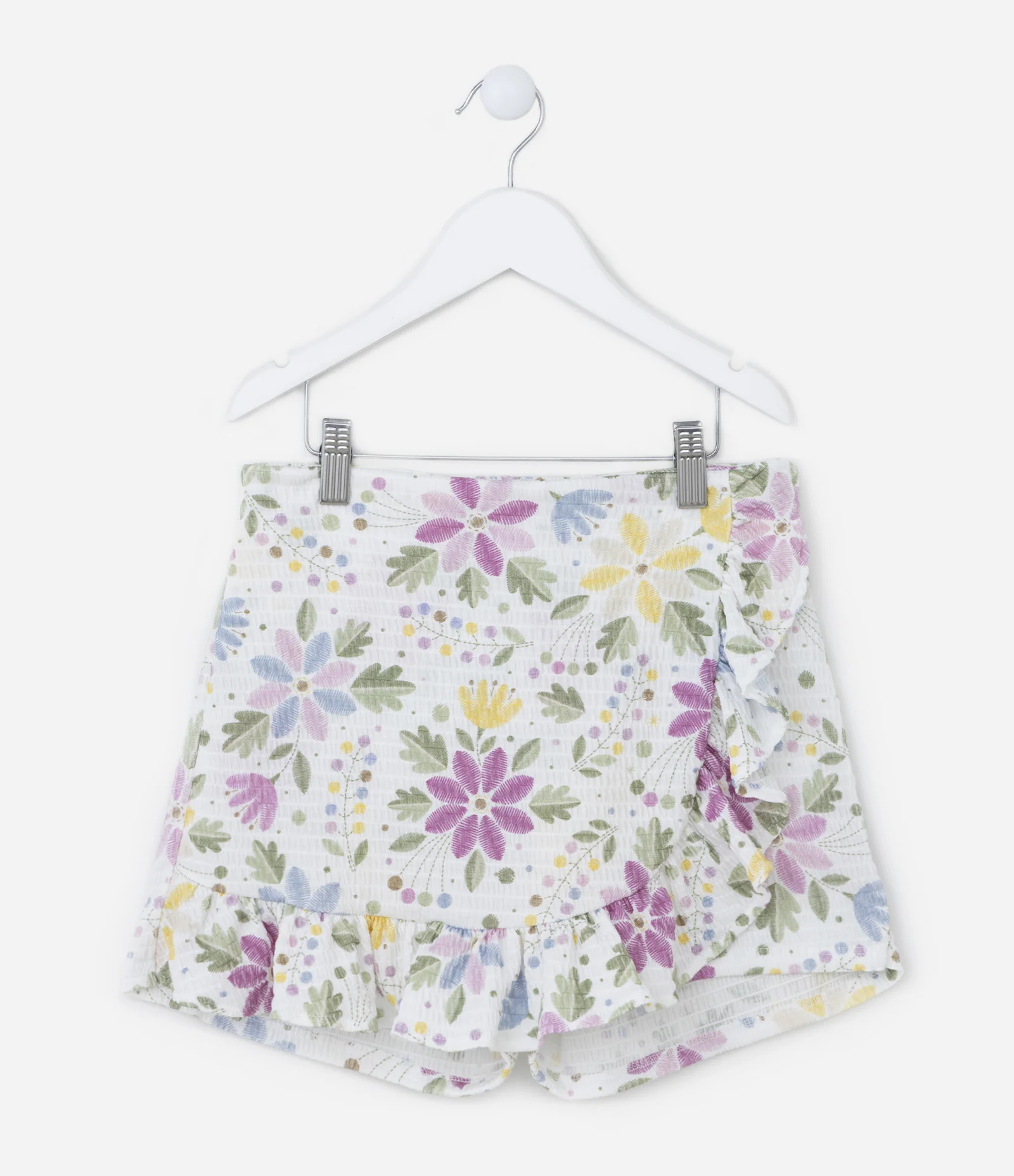 Short Saia Infantil Texturizado com Babadinho e Estampa Floral - Tam 5 a 14 anos Branco 1